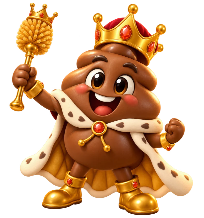 Poop King, el personaje coronado de Poop Time, con capa y cetro