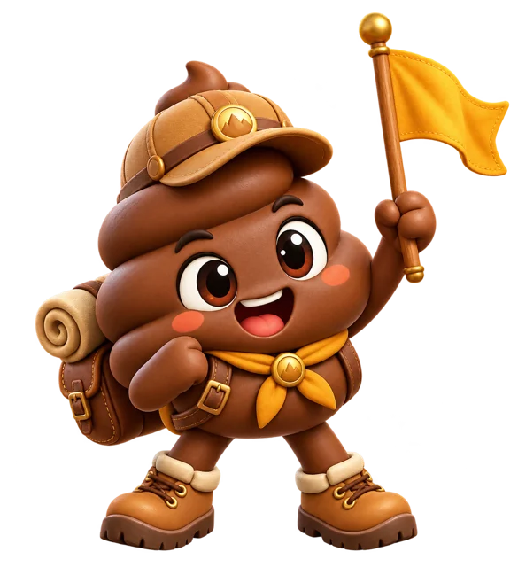 Novato, el personaje explorador de Poop Time con mochila y bandera